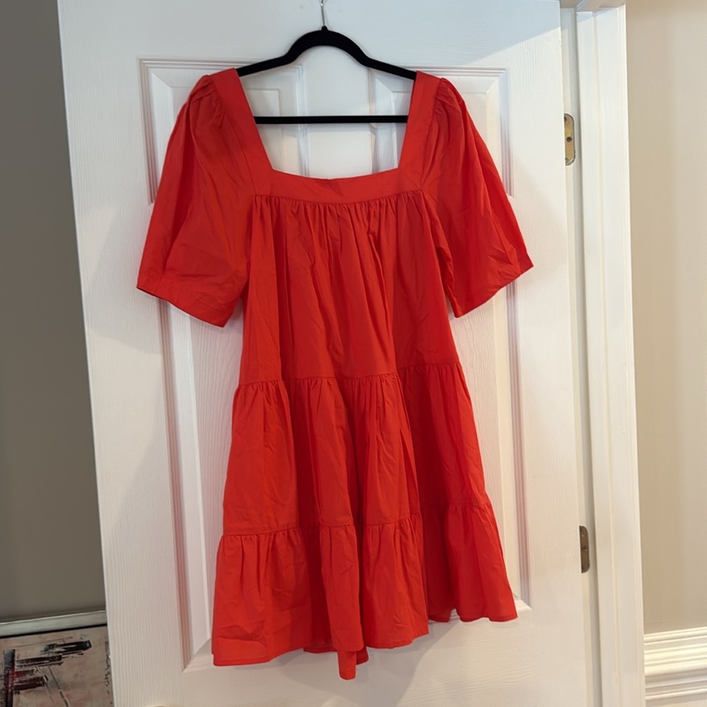 Coral/Red Mini Puff Sleeve Dress - Picture 4 of 4